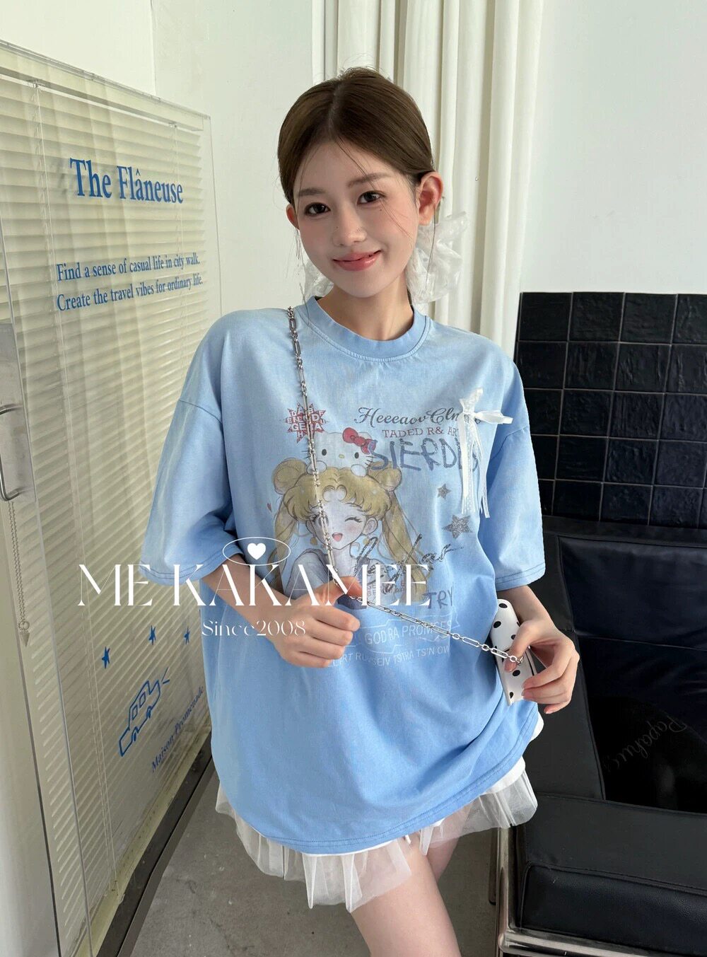 ME KAKAMEE夏新款韩版重工美少女彩喷渐变宽松大版短袖T恤休闲女