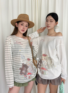 ME KAKAMEE夏韩系KT喷画垂感薄料蕾丝拼接斜肩宽松大版小衫S5037