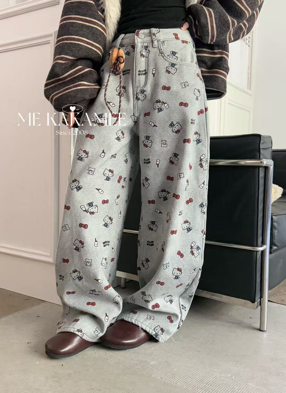 ME KAKAMEE冬新品冼水灰满心手绘KT猫加绒牛仔裤 配可拆公仔C0659