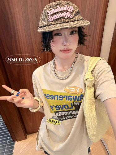 FISH YU夏美式复古字母标语白墨印花立体烫标宽松圆领大版短袖T恤