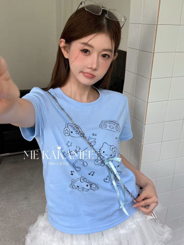 ME KAKAMEE夏新品刺绣线条KT猫设计大弹力小版短袖T恤圆领9276