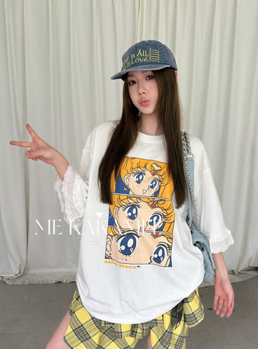 ME KAKAMEE夏新品设计感美少女喷画花边拼接宽松大版短袖T恤S5179