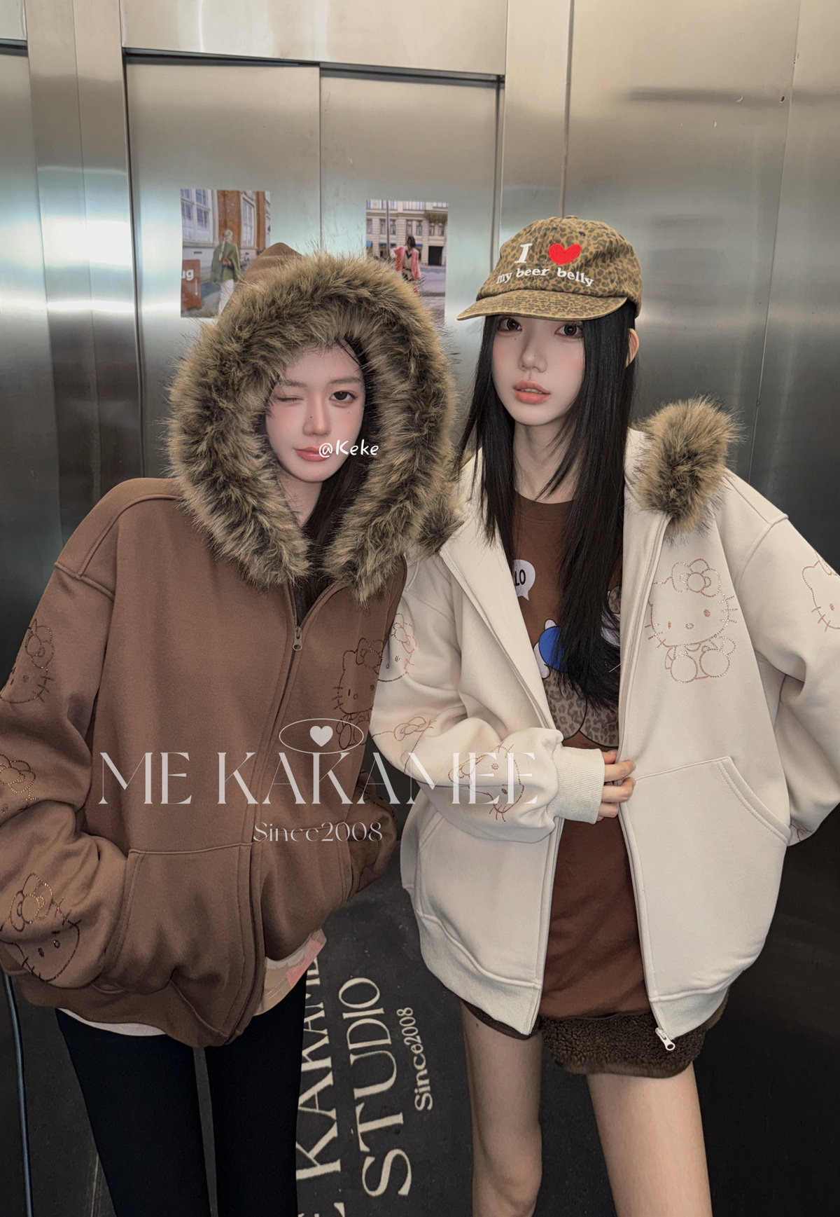 ME KAKAMEE冬新品重工KT烫钻加厚加绒连帽毛领开衫宽松外套S5703