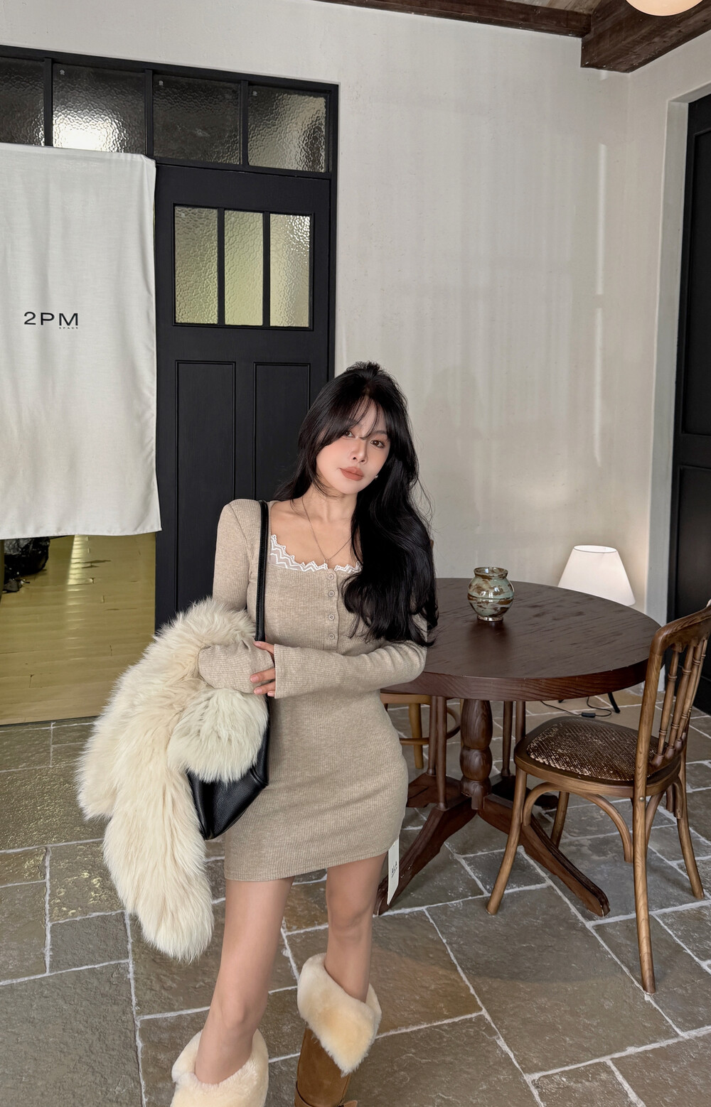 ALA冬新款韩系方领蕾丝花边加绒磨毛显瘦针织连衣裙包臀裙子9180