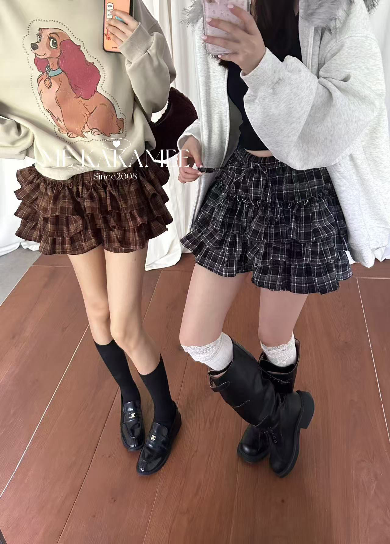 ME KAKAMEE冬新品松紧腰显瘦压褶层次感加厚格子半身裤裙1236