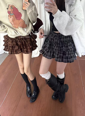 ME KAKAMEE冬新品松紧腰显瘦压褶层次感加厚格子半身裤裙1236
