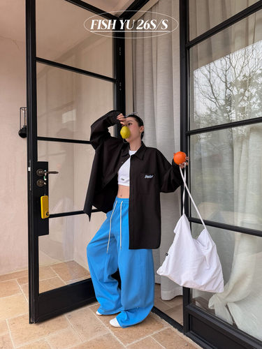 YU早春新款韩版美式纯色撞色标抽绳弯刀休闲长裤卫裤女拖地裤