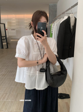 IMISS韩标！夏新款休闲白色上衣女花边拼接小衫R31007