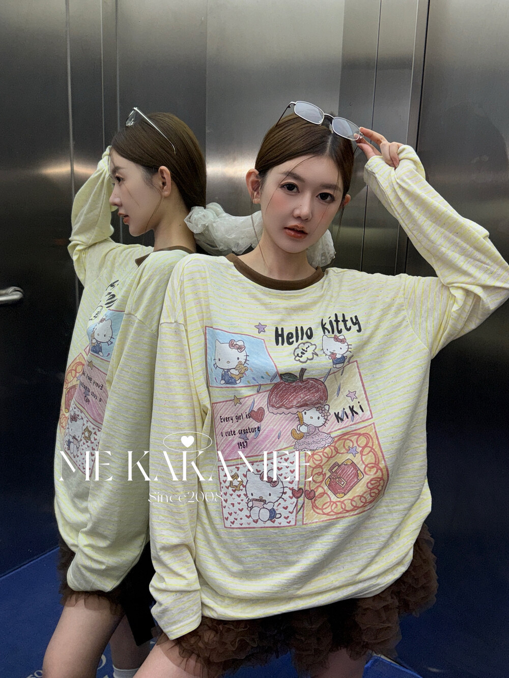 ME KAKAMEE新品彩点条纹KT猫拼图正反两穿宽松慵懒防晒衫女S5019