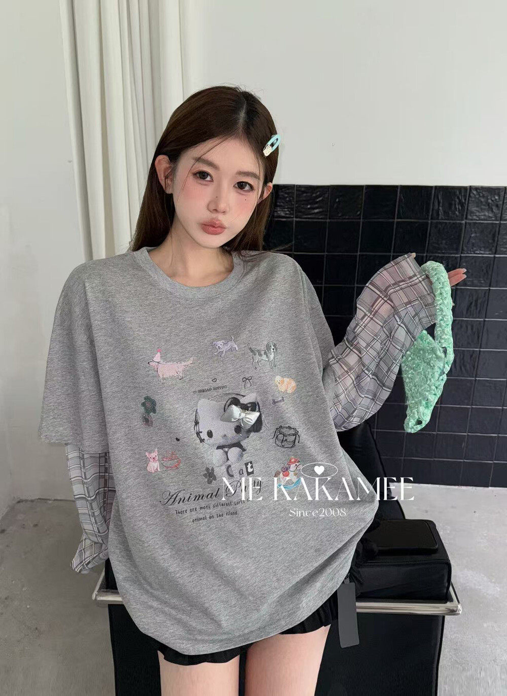 ME KAKAMEE夏新品拼接假格纹两件设计耳机KT猫大版长袖T恤9282