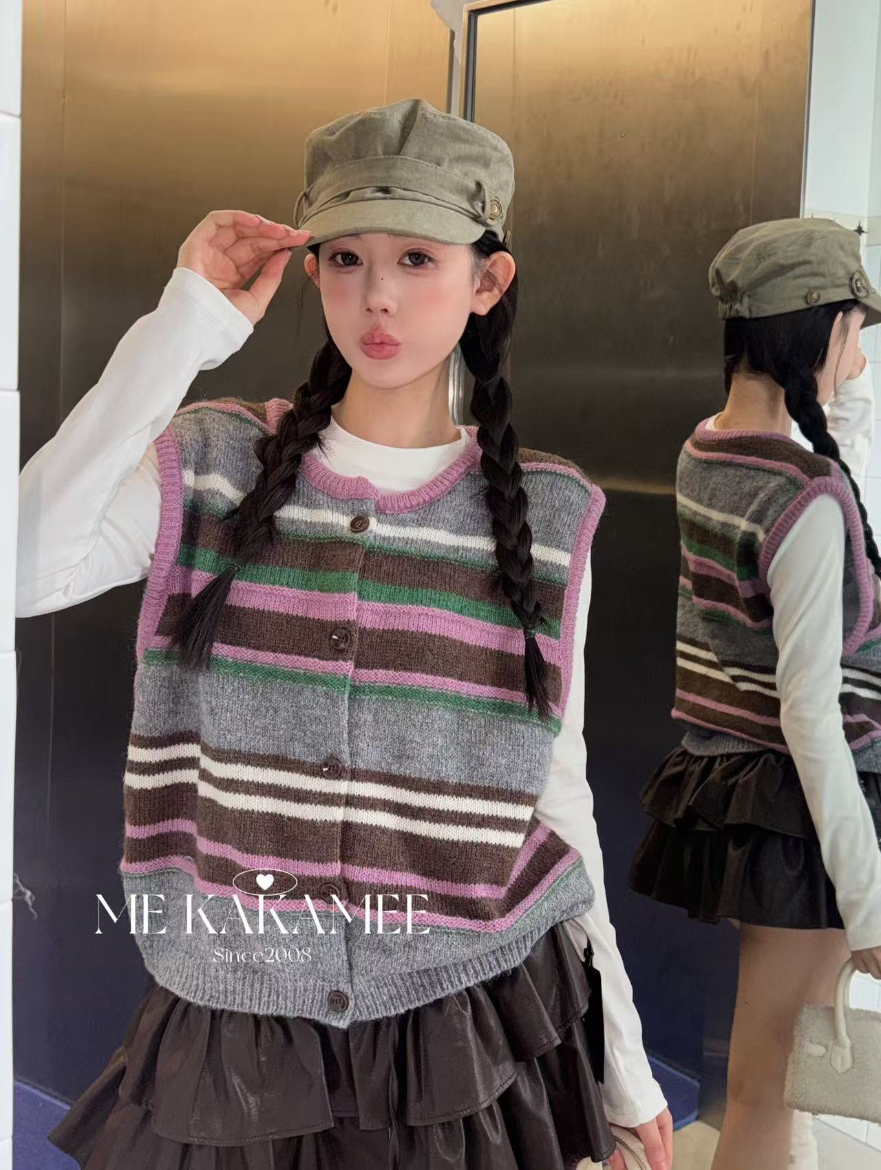 ME KAKAMEE秋新品韩系撞色针织毛衣针织马甲叠穿开衫外套女K001
