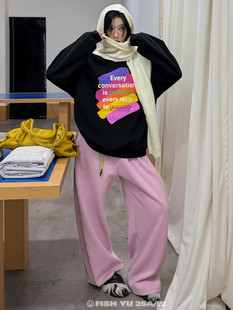 女25763 休闲裤 YU冬新款 简约内里复合绒撞色腰绳宽松休闲加绒卫裤