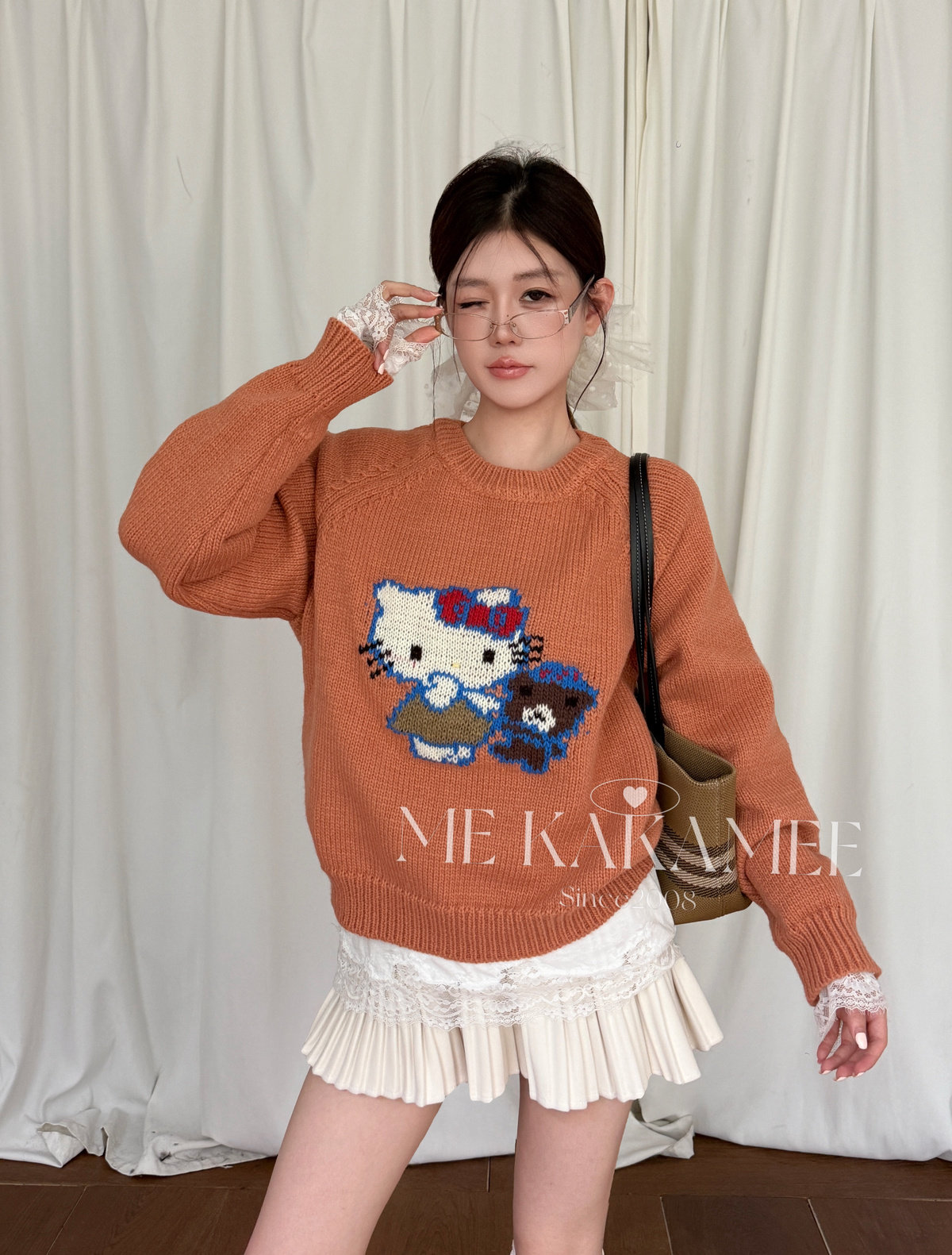 ME KAKAMEE冬新款韩版韩系甜美双面提花KT猫小熊圆领毛衣A3859
