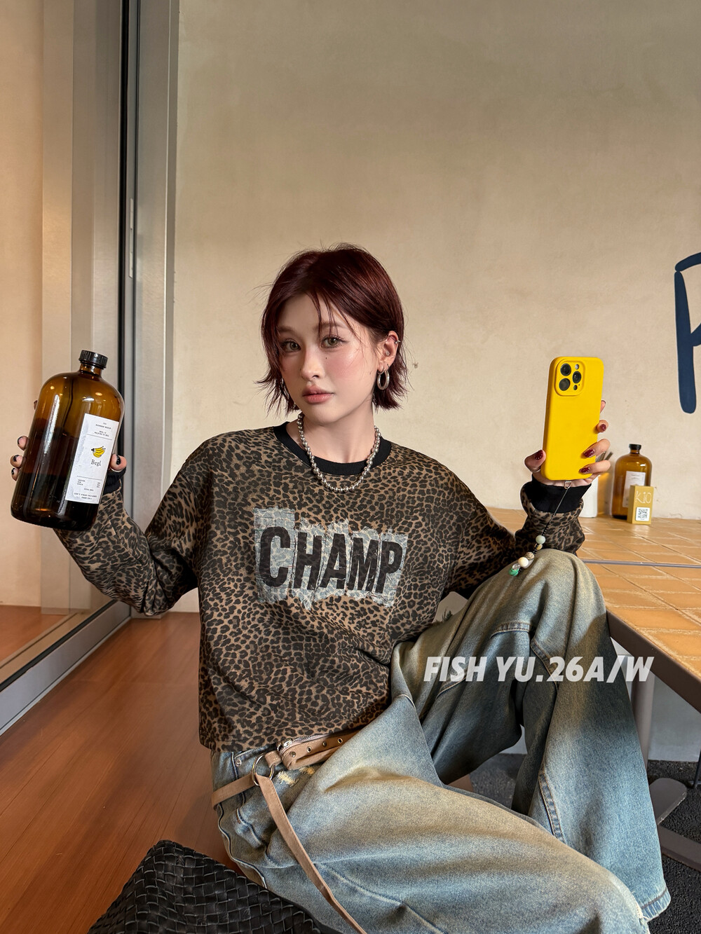 FISH YU早秋美式小众辣妹风复古字母印花豹纹短款宽松卫衣上衣