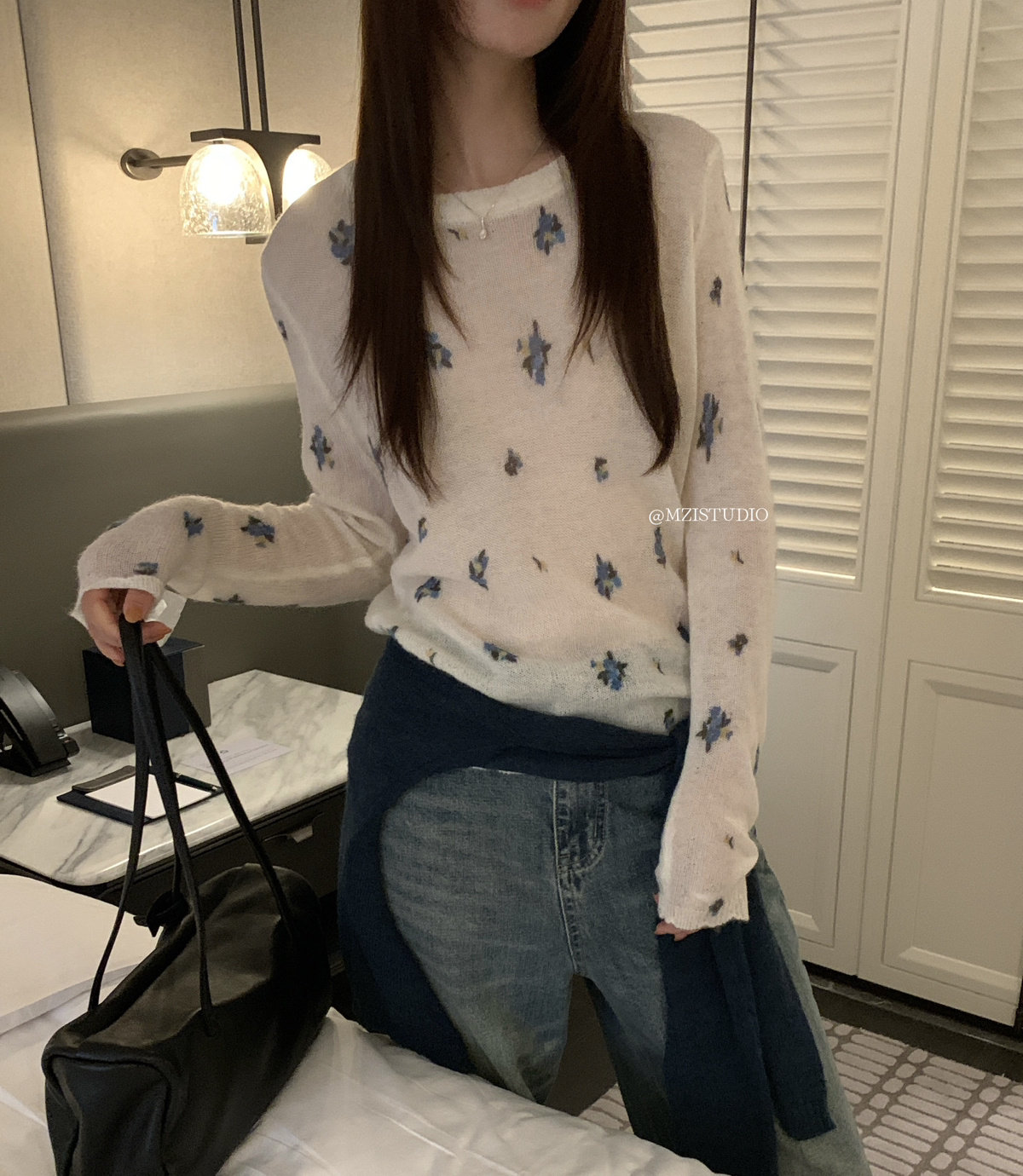 MZI STUDIO韩版秋季新款羊毛小碎花圆领套头温柔雅调毛衣A80177图片