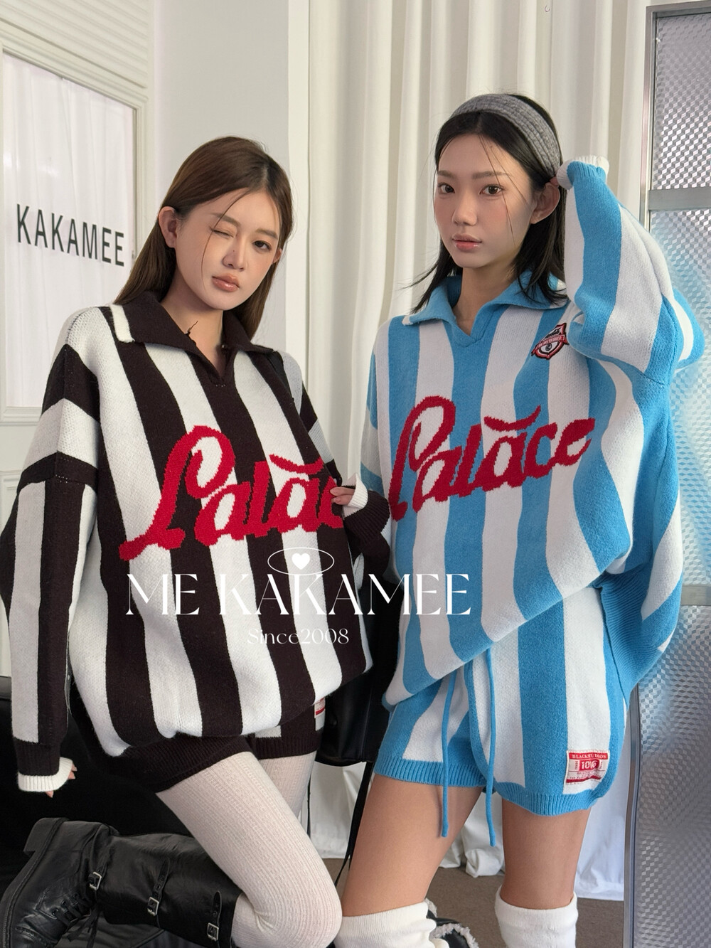 KAKAMEE冬新品美式休闲撞色条纹POLO领毛衣短裤两件套套装A3192