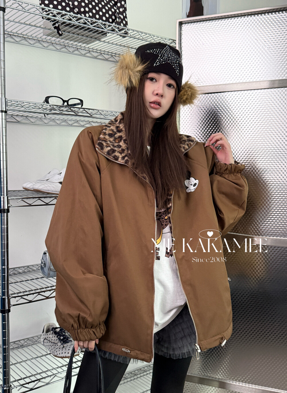 KAKAMEE冬新品美式豹纹米奇两面穿加厚仿羊羔绒宽松大版外套S3738