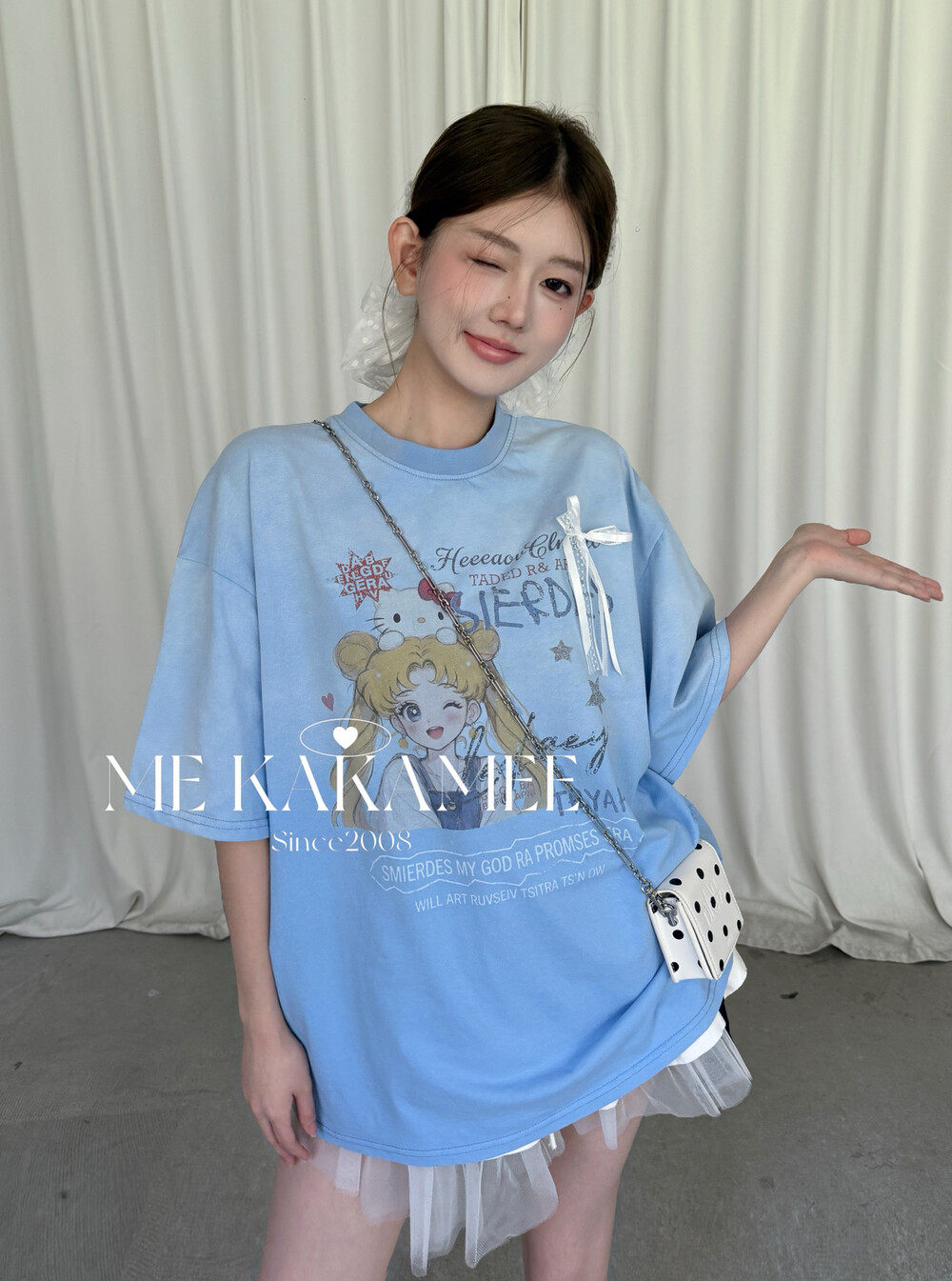 ME KAKAMEE夏新款韩版重工美少女彩喷渐变宽松大版短袖T恤S5138