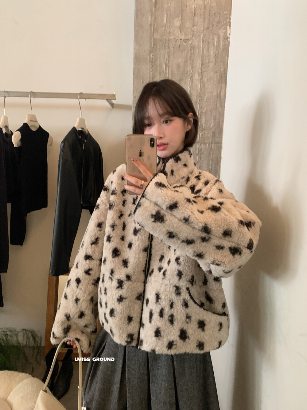 IMISS韩标！冬韩版复古豹纹立领拉链羊毛外套毛毛外套棉衣H70879