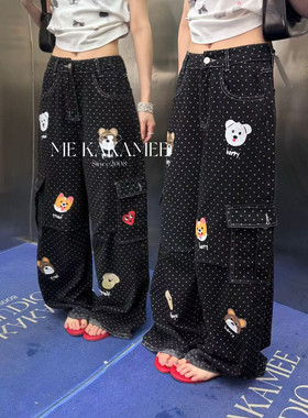 ME KAKAMEE夏季新品喷画小狗工装设计波点牛仔裤长裤女C0777