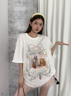 ME KAKAMEE夏小狗喷画立体蕾丝花边压褶袖口宽松大版短袖T恤S3991