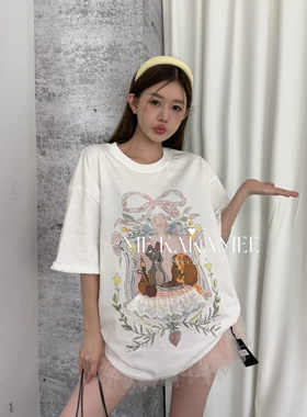 ME KAKAMEE夏小狗喷画立体蕾丝花边压褶袖口宽松大版短袖T恤S3991