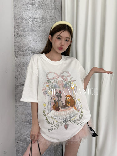ME KAKAMEE夏小狗喷画立体蕾丝花边压褶袖口宽松大版短袖T恤S3991