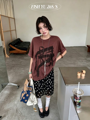 FISH YU美式复古大字母印花拼接蕾丝设计感宽松圆领大版短袖T恤