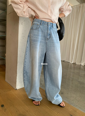 IMISS韩标！春新款韩版复古宽松阔腿休闲蓝色简约牛仔裤女 R6060