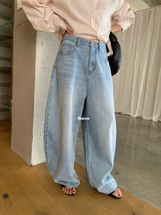 IMISS韩标！春新款韩版复古宽松阔腿休闲蓝色简约牛仔裤女 R6060