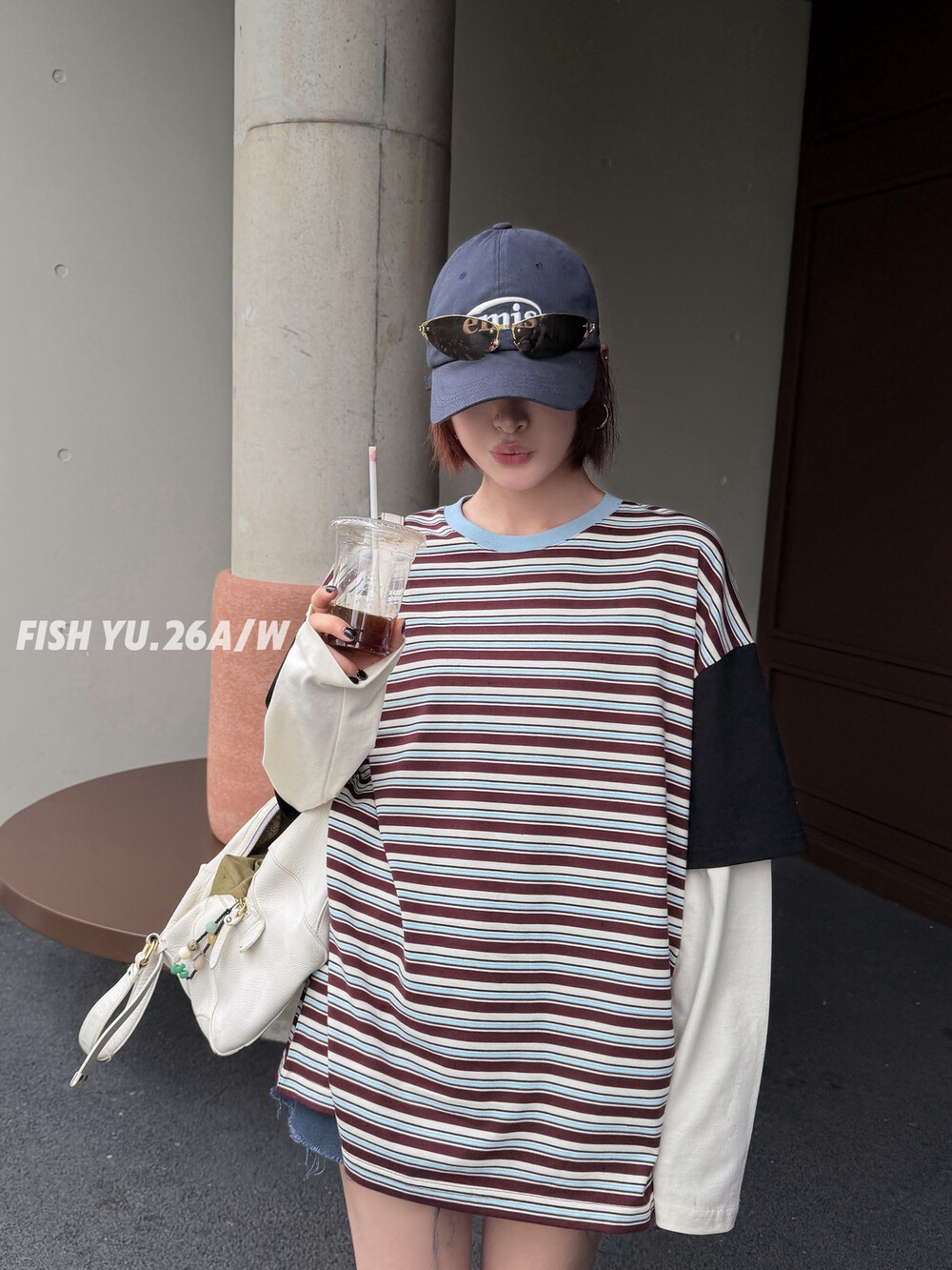FISH YU韩版MIU系配色撞色条纹拼接假两件宽松大版长袖T恤26538