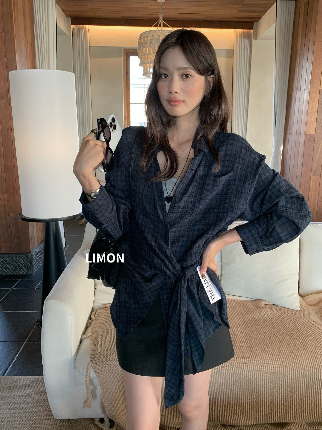 柠檬绿茶2026早秋新款韩代时髦绑带设计感格纹收腰衬衫上衣女休闲