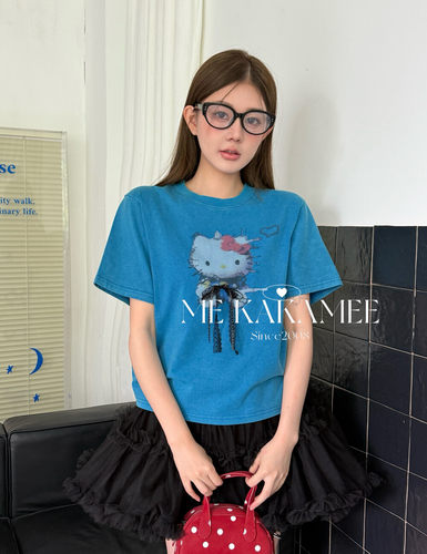 ME KAKAMEE新品卡通KT喷画重工水洗炒纱短袖T恤配可拆蝴蝶结S5079