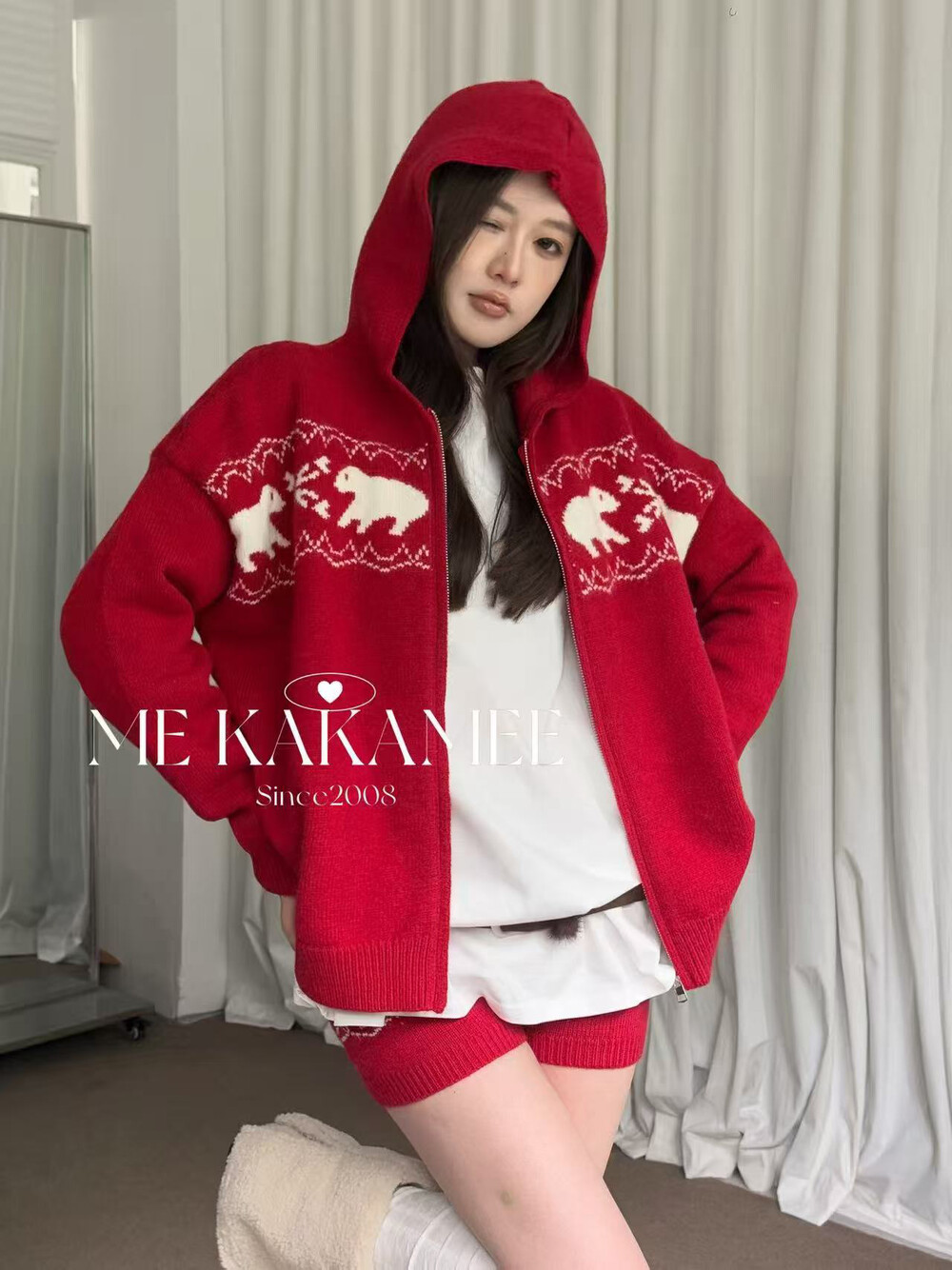 KAKAMEE冬新品慵懒费尔岛提花连帽开衫毛衣休闲短裤两件套装A3151