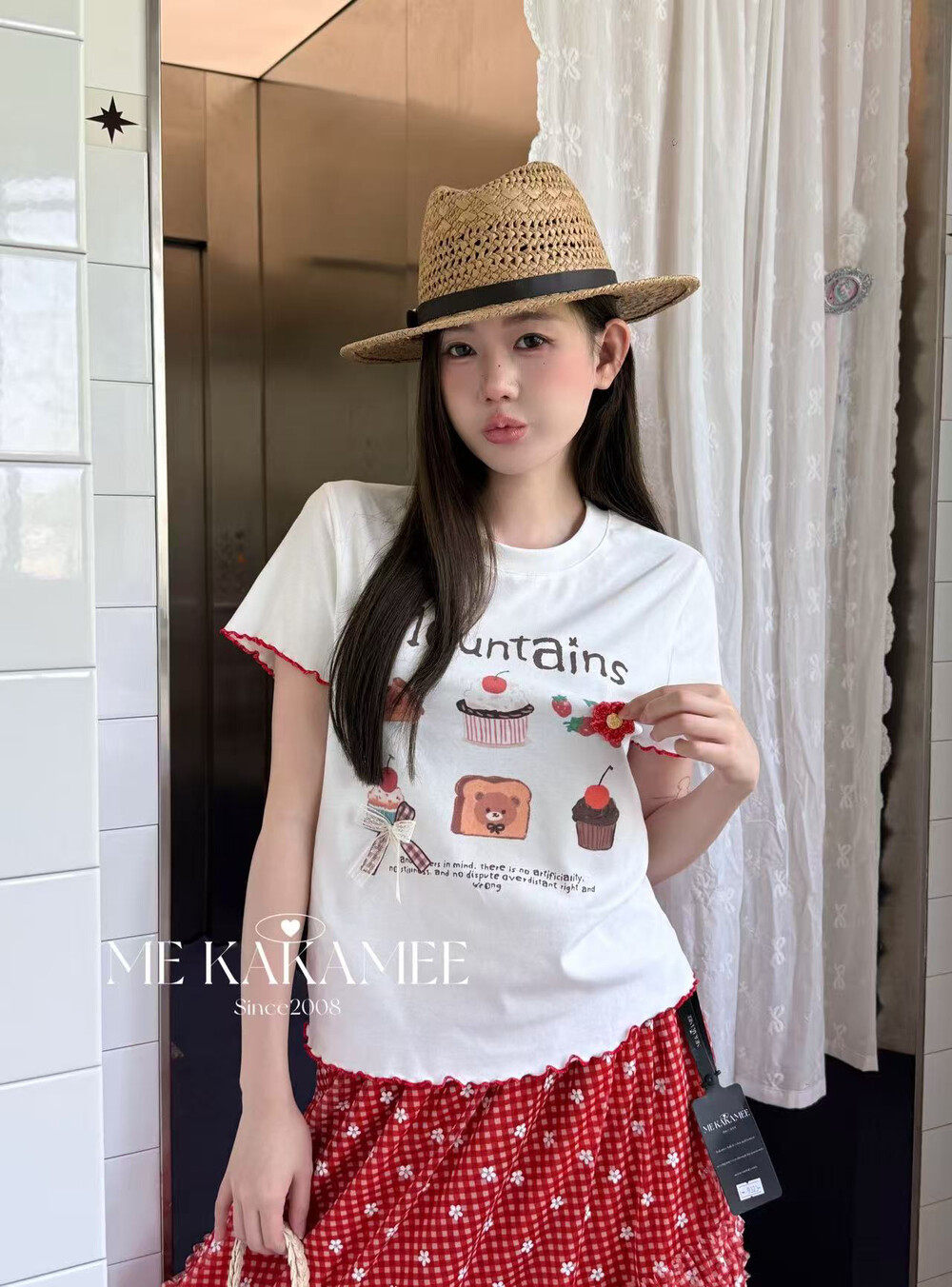 ME KAKAMEE夏新品喷画趣味蛋糕立体工艺结大弹力小版短袖T恤9323