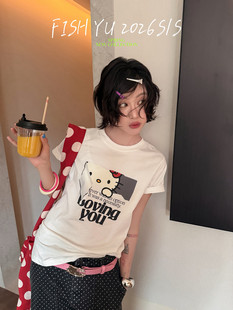 YU夏季 女休闲韩系卡通Kitty印花正肩小版 短袖 T恤女26096 新款