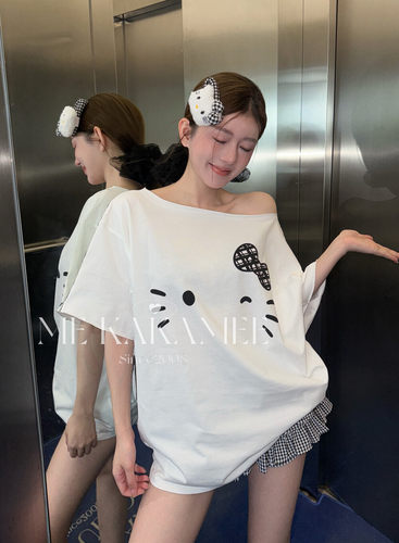 ME KAKAMEE夏韩系AB面涂鸦KT正反两穿斜肩宽松里大版短袖T恤S5365