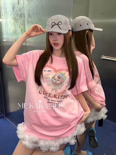 ME KAKAMEE夏新品设计感晕染爱心猫咪字母大版短袖T恤休闲女9236
