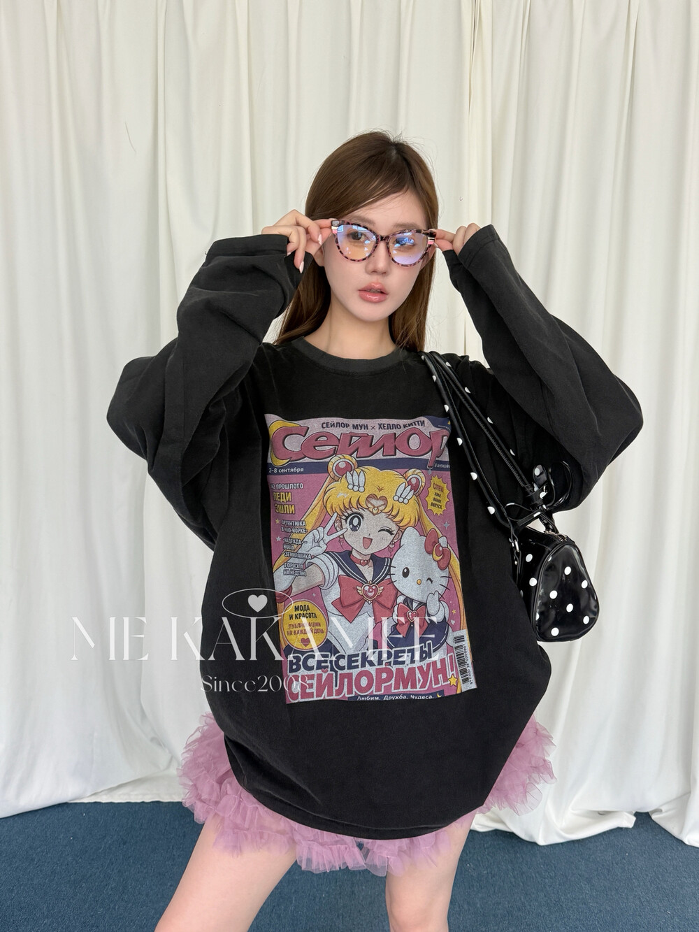 ME KAKAMEE新品复古美少女KT猫彩喷水洗炒纱宽松大版长袖T恤S5585