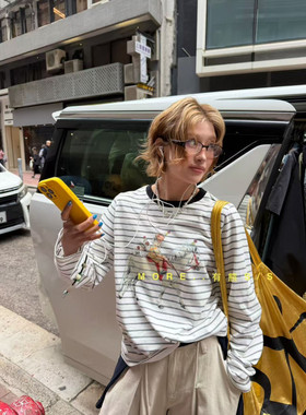 More有熊春新款欧货设计感卡通图案条纹宽松长袖T恤女大版8762