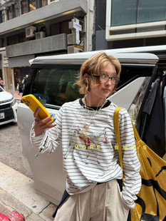 More有熊春新款欧货设计感卡通图案条纹宽松长袖T恤女大版8762