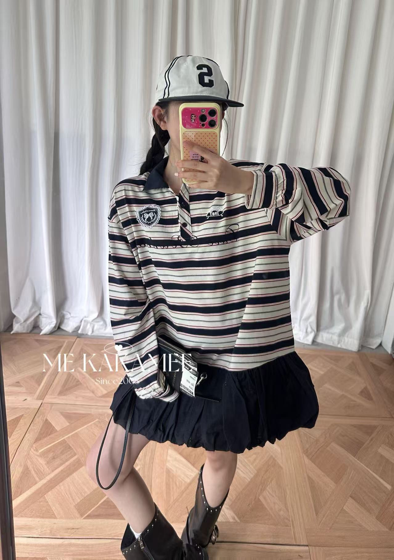 ME KAKAMEE秋新品假两件拼接裙摆条纹Polo领POLO衫卫衣裙女9682
