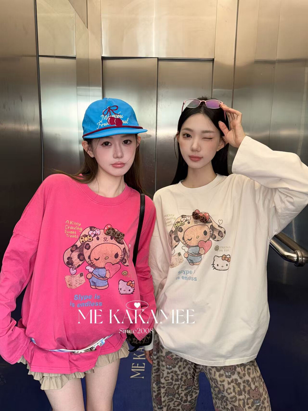 ME KAKAMEE秋新品洗水工艺喷画美乐蒂设计感大版长袖T恤上衣9606