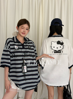 ME KAKAMEE新品美式学院风KT喷画Polo花边领宽松大版短袖T恤S5026