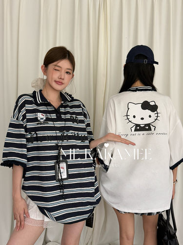 ME KAKAMEE新品美式学院风KT喷画Polo花边领宽松大版短袖T恤S5026