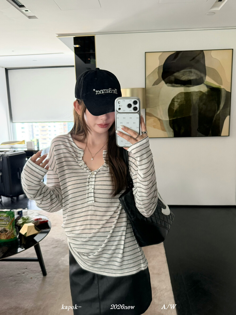 KAPOK秋新款韩版休闲韩系半开扣宽松百搭条纹长袖T恤女61039
