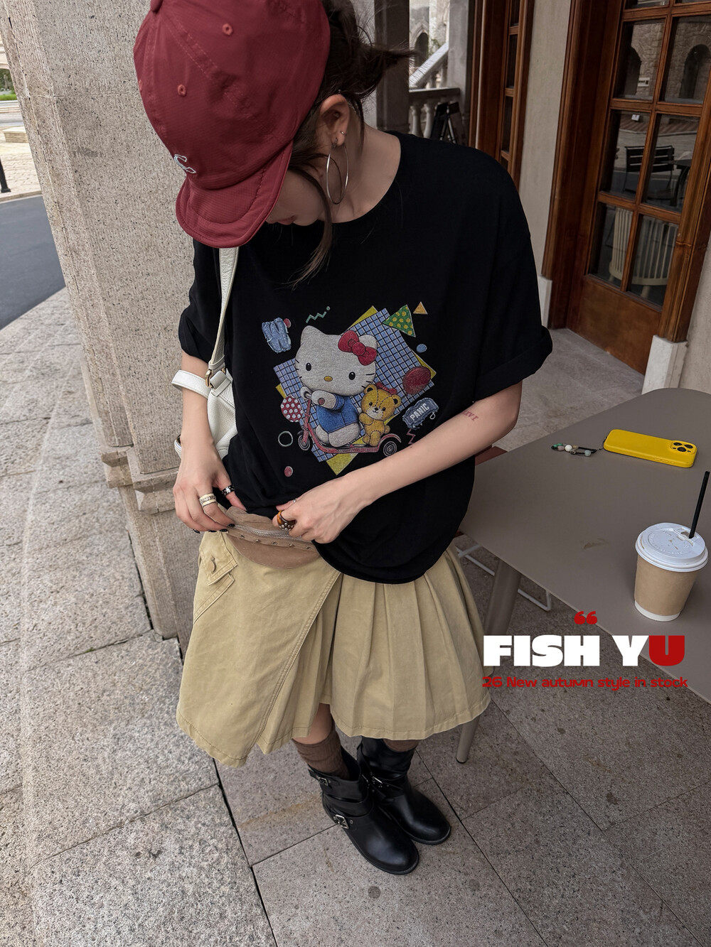 FISH YU秋韩版卡通Kitty白墨印花牛仔布小标微磨毛圆领短袖T恤