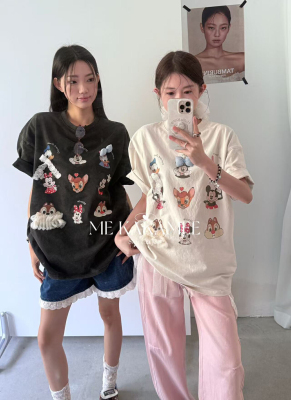 KAKAMEE新品洗水炒沙工艺卡通米奇立体可拆蝴蝶结大版短袖T恤8330