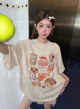 ME KAKAMEE夏新品卡通甜品彩喷立体蝴蝶结宽松大版短袖T恤S5362