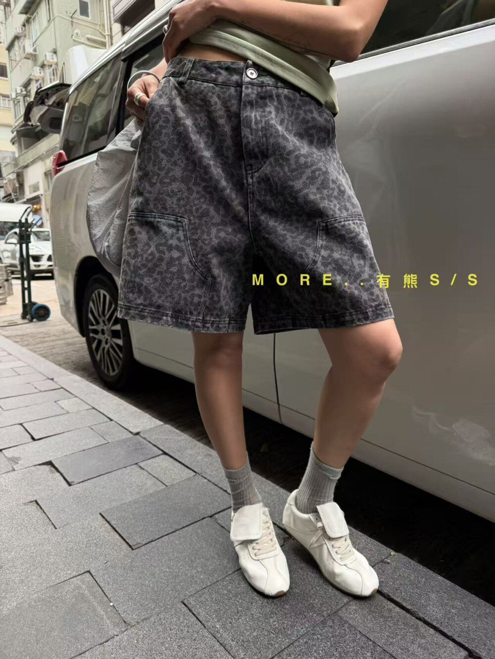 More有熊2026夏新款韩版复古风豹纹印花牛仔短裤五分裤女2825